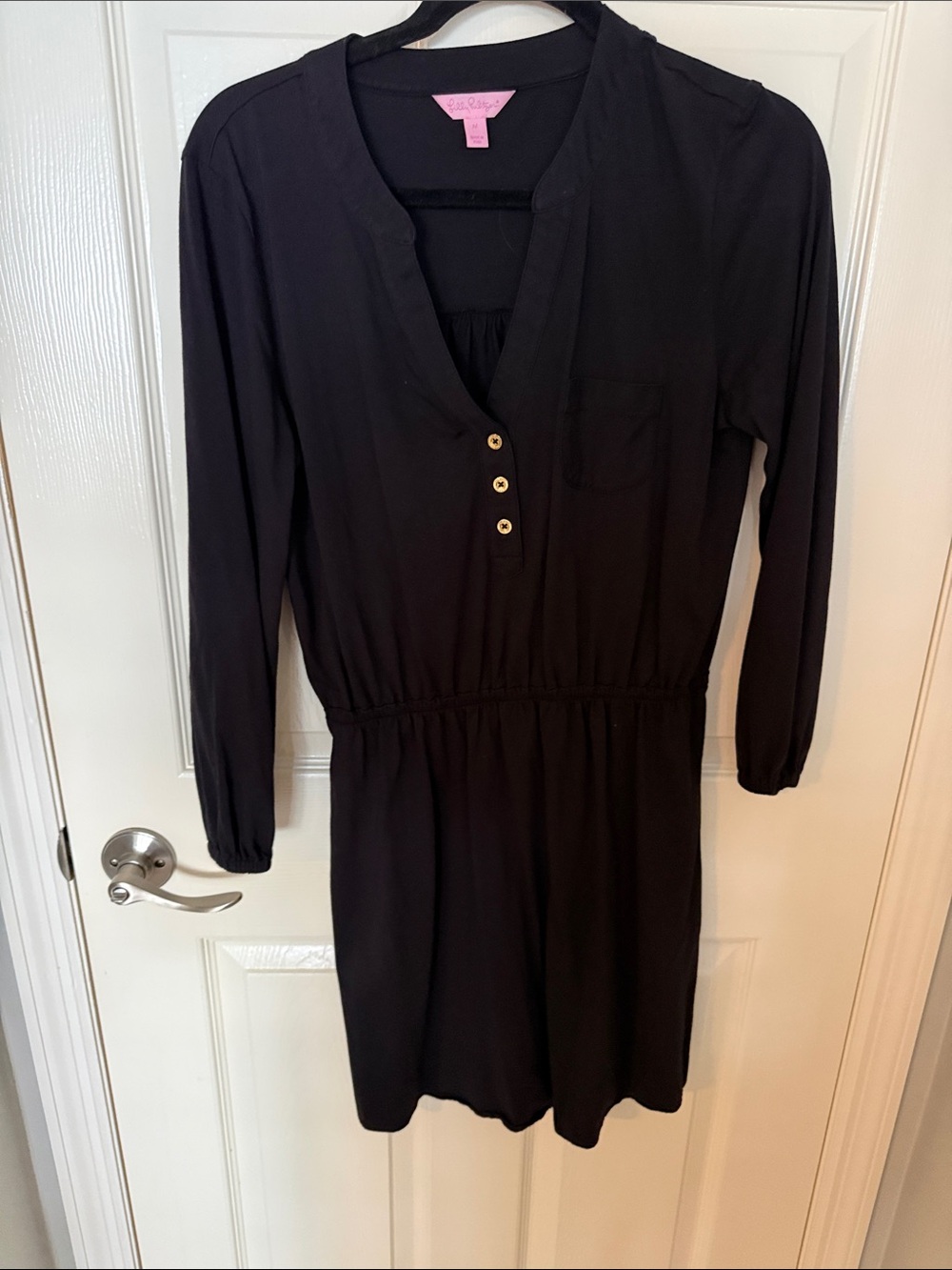 Lilly Pulitzer Black Long-Sleeve V-Neck Dress with Gold Buttons